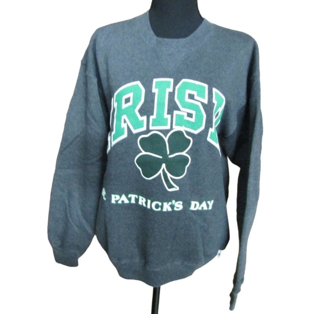 Vintage Russell IRISH St Patrick's Day 4 Leaf Clover Gray Sweatshirt size Large
